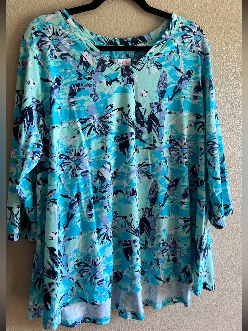 d.co XL Turquoise Floral Scoop‎ Neck Tunic Beach Lagenlook Summer  Vibrant